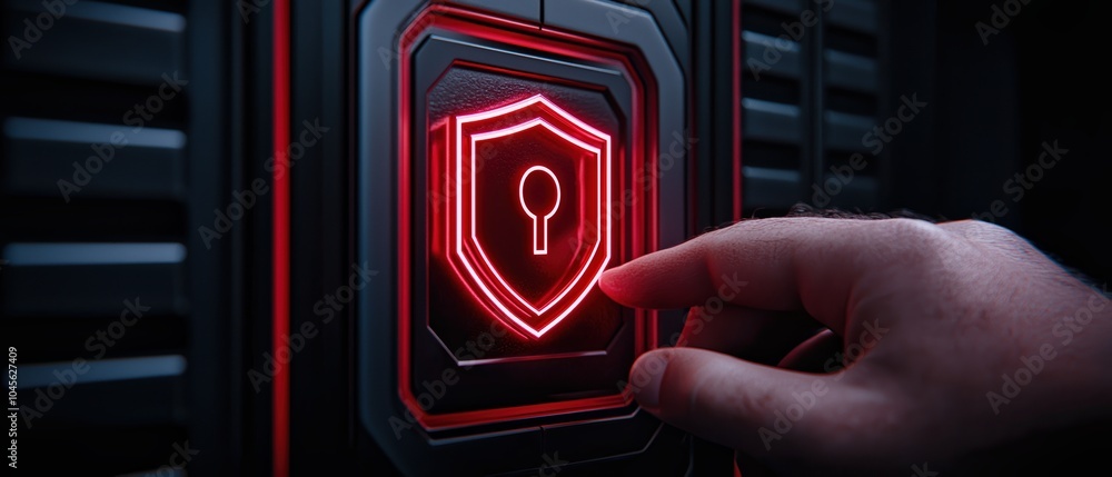 Aufkleber hand pressing a glowing security button with a shield icon on a dark background.