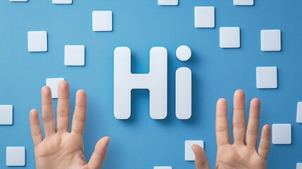 Hands greeting with letters on a blue background, conveying a friendly and welcoming vibe.