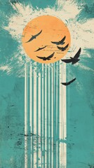 vintage vibrant, abstract artwork featuring birds flying in front of a stylized sun with bold geometric lines and textured elements, blending natural and modern aesthetics in a retro-inspired design