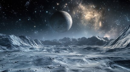 Fototapeta premium An advanced satellite orbiting the icy surface of Pluto, capturing stunning images of its surface and distant stars, space science, deep space exploration, planetary technology, cosmic discovery.