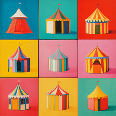 Fototapeta premium Pop art collage, set of circus tent isolated on multi-colored background