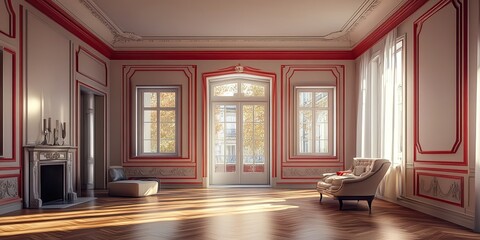 Fototapeta premium contemporary design of living room with elegant red molding frames and parquet background 
