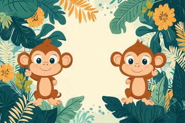 Colorful jungle theme kids' party invitation mockup with cartoon monkeys and vibrant foliage