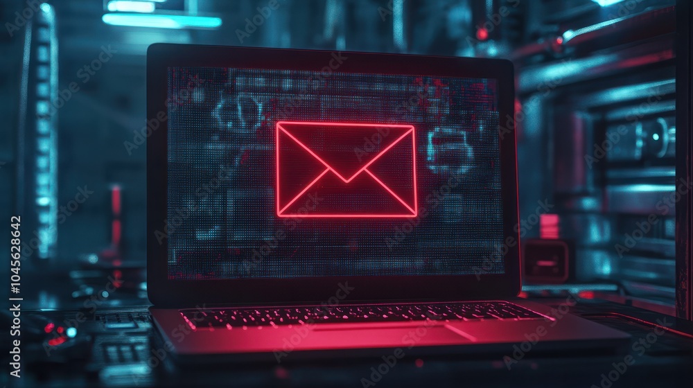 Poster email attachment warning message on a computer laptop screen. cyber security concept.