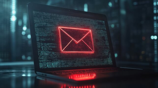 Email Security Warning: Phishing Alert. A laptop screen highlights a digital envelope with a warning sign, indicating the risk of phishing via email.