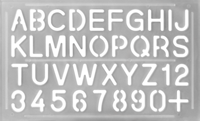 alphabet plastic stencil isolated white background, light gray english letter and number template, arts and crafts concept