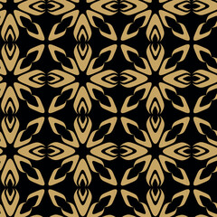 Fototapeta premium Abstract geometric pattern with crosses, stripes, lines. Seamless vector background. Black and gold ornament. Modern reticulated graphic design.
