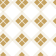 Abstract geometric pattern with crosses, stripes, lines. Seamless vector background. White and gold ornament. Modern reticulated graphic design.