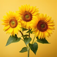 Fototapeta premium A vibrant bouquet of three sunflowers against a bright yellow background.