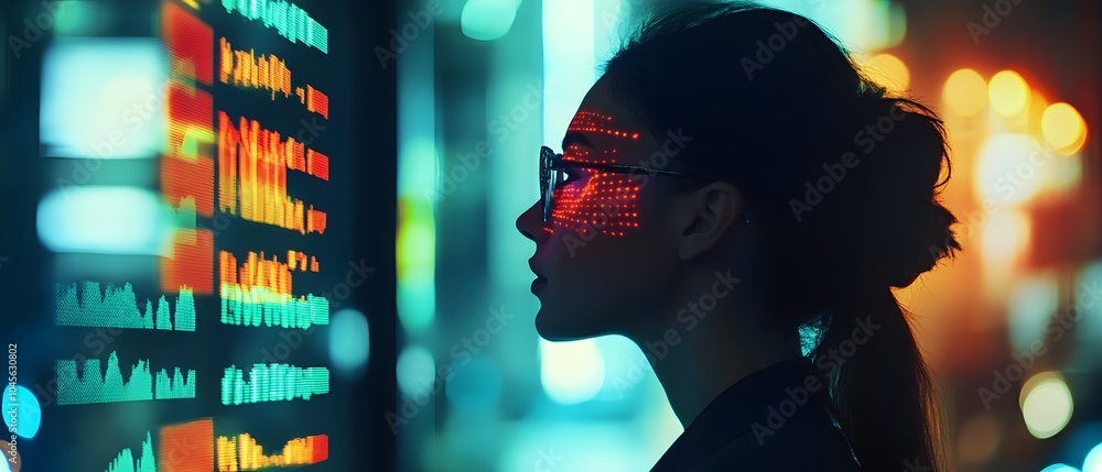 Aufkleber female trader analyzing stock data at night