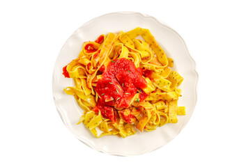 Tagliatelle pasta tomato sauce tasty food dish fresh gourmet food background on the table rustic food top view copy space