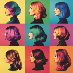 Obraz premium Pop art collage, set of women in hair salon concept isolated on multi-colored background