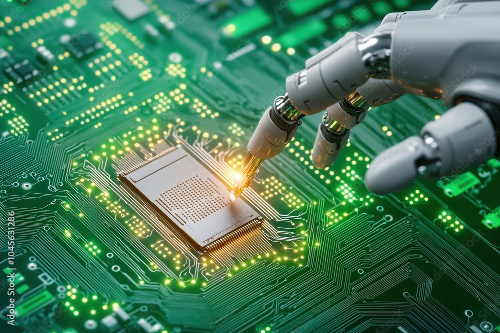 Poster robot hand working on a microchip in a high-tech environment with glowing circuit board.