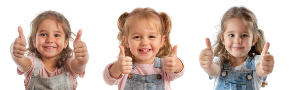 Little girl smiling and showing thumbs up isolated on transparent background, cutout PNG