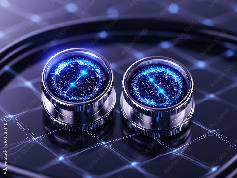 Poster futuristic blue digital gauges on a dark background with glowing network patterns.