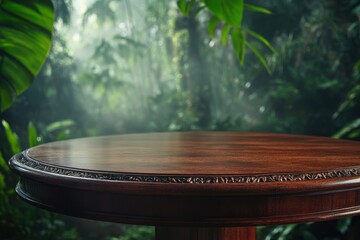 Obraz premium Ground level angle view close up, surface of carved mahogany wood table, with a cinematic surrounding of foggy tropical rainforest, soft green lighting, and deep jungle hues, showcasing copy space