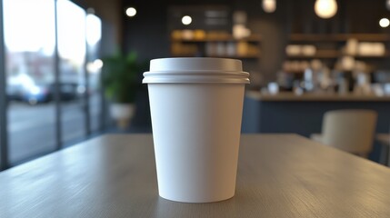 A plain white coffee cup mockup placed on a wooden table inside a vibrant cafe during busy hours