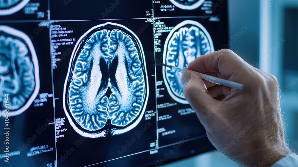 Poster scientists analyzing brain scans on a digital display using a stylus.