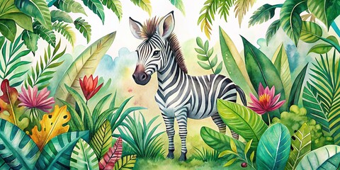 Cute Zebra Watercolor Illustration in Safari Style with Exotic Plants for Fashion Photography