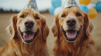 Dog birthday party setup with cake, celebration activities, and joyful atmosphere. Featuring pet-friendly decorations, dogs enjoying treats, colorful balloons, and party hats. Perfect for pet owners.