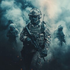 Three armed soldiers advance through smoke, conveying intensity and focus in a dramatic scene.