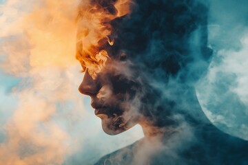 A person’s silhouette blends with dynamic, swirling blue and orange smoke creating a captivating contrast.