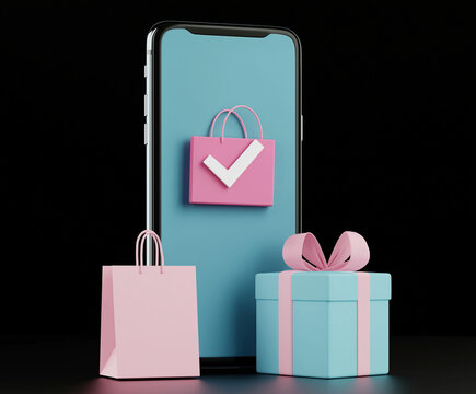 A simple illustration, iPhone with a shopping bag and gift box on the screen, 3D rendering style