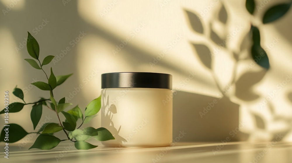 Poster A candle jar with a sleek black lid rests on a wooden surface, bathed in warm sunlight. Surrounding leaves cast gentle shadows, creating a calming and peaceful atmosphere ideal for relaxation.