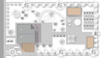Top view landscape design plan with house, courtyard, lawn, garage. Highly detailed plan of country with modern cottage of villa with pond, pool. Vector illustration of Cityscape, Map of town, village © Volha