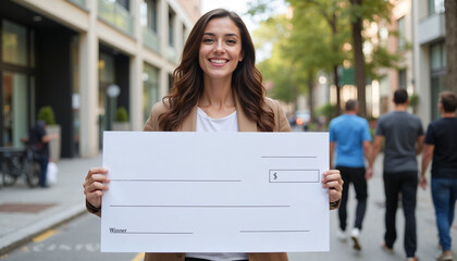 Happy woman holding prize check in urban street with cheerful expression and lively atmosphere