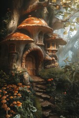 Obraz premium A whimsical house built within mushrooms in a lush forest, illuminated by soft, magical light.