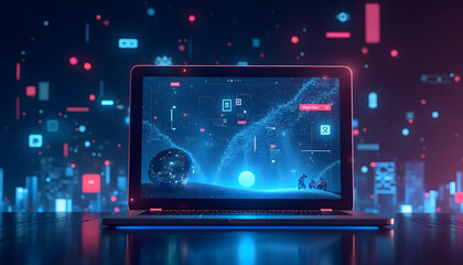 Fototapeta premium Futuristic laptop displaying digital art in neon colors on a desk representing electronics sale