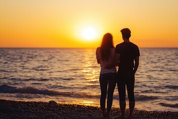A couple stands on a beach, watching a vibrant sunset over the ocean, symbolizing peace and serenity.