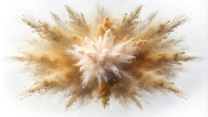 Sand flying explosion, Golden sand wave explode. Abstract sands cloud fly. Yellow colored sand splash throwing in Air. white background Isolated high speed shutter, throwing freeze stop motion