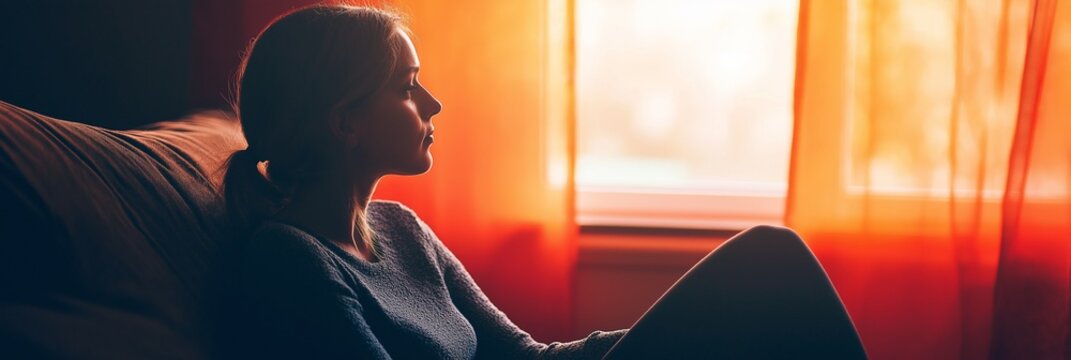 A woman in deep thought, sitting near a window, bathed in warm, gentle orange light as the sun sets outside.