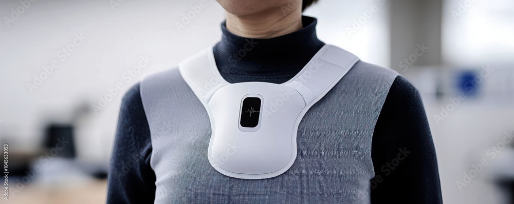 Poster wearable device designed for health monitoring, close-up view on a person in a modern office environ