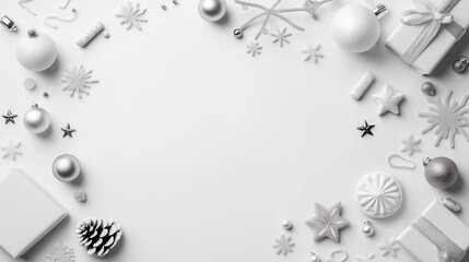 Winter's Pure Elegance: A Minimalist Holiday Frame of White and Silver Christmas Ornaments on Clean Background
