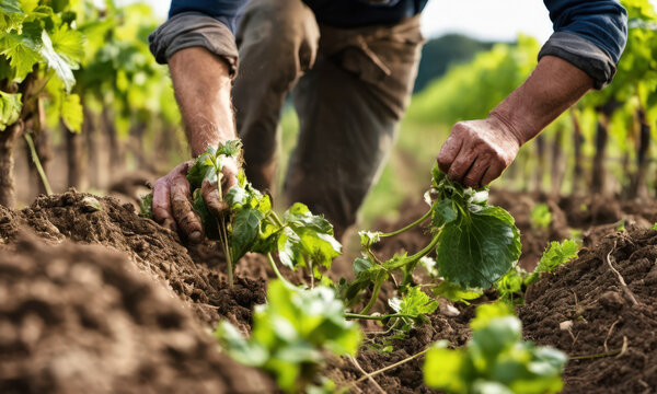 Agricultor quitando malas hierbas en un vi&ntilde;edo, con tierra h&uacute;meda y vi&ntilde;as al fondo.