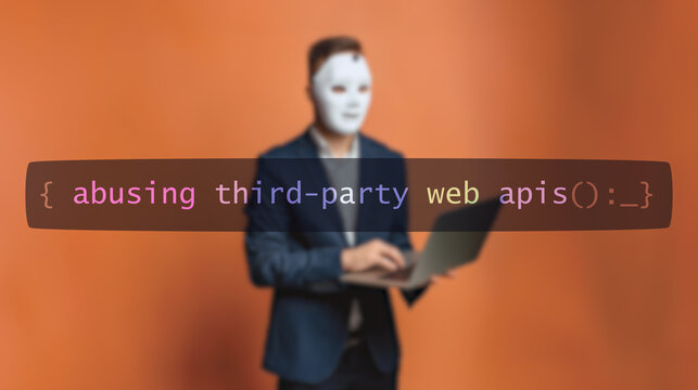 Cybersecurity concept abusing third-party web apis screen, hacker silhouette hidden with low poly style mask. Vulnerability and attack on colored code editor. Text in English, English text