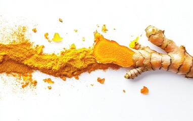 Naklejka premium Isolated turmeric root and powder on a white background, capturing the vivid golden hue and natural appeal of this versatile spice 