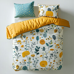 Colorful floral bedding set with decorative pillows on a bed. 