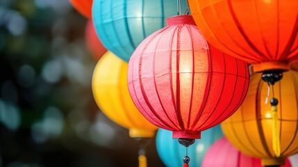 Vibrant paper lanterns in various colors, creating a festive atmosphere.