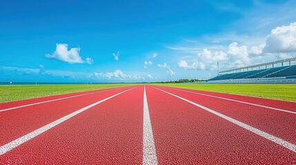 Vibrant red running track under a clear blue sky with white clouds, perfect for athletic activities.