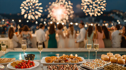 Fototapeta premium Evening rooftop celebration with fireworks, gourmet food, and elegant champagne setup.