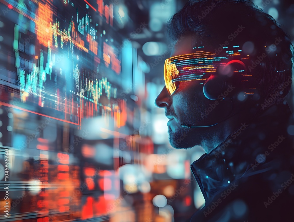 Poster modern trader analyzing market trends with technology