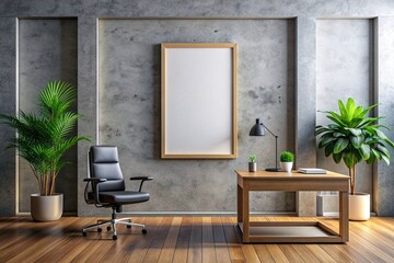 office interior with table and chairs, blank wall frame