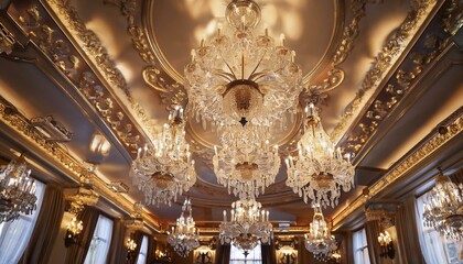 Fototapeta premium 고급스러운 크리스탈 샹들리에가 천장에 달려있다