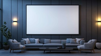 Fototapeta premium A large blank frame mockup hanging on the wall of a minimalist living room, with stylish lighting and soft furnishings