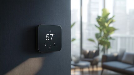Modern smart thermostat displaying 57 degrees on a wall.