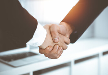 Businessman and woman shaking hands in sunny office, close-up. Concept of handshake as success symbol in business